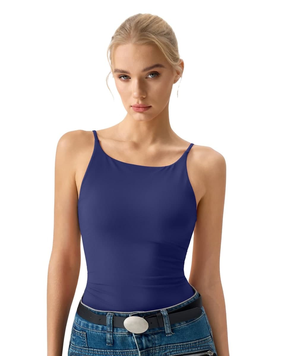 QINSEN Womens Double Lined Tank Tops Boat Neck Adjustable Spaghetti Straps Bodycon Camisole Shirts, Navy Blue, X-Large thumbnail 4