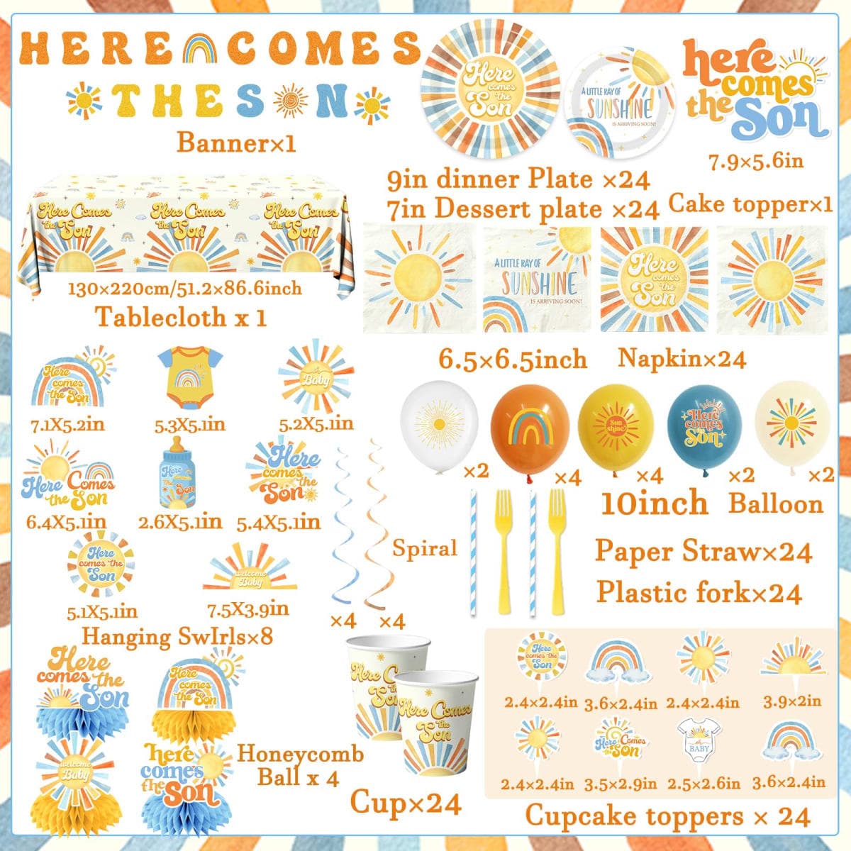 Here Comes The Son Baby Shower Tableware Decor for Boys,Boho Rainbow Sun Themed Party Decorations Disposable Banner,Tablecloth,Plates,Napkin,Balloon,Cupcake Topper,Serve 24 thumbnail 3