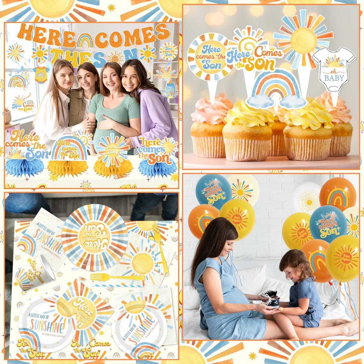 Here Comes The Son Baby Shower Tableware Decor for Boys,Boho Rainbow Sun Themed Party Decorations Disposable Banner,Tablecloth,Plates,Napkin,Balloon,Cupcake Topper,Serve 24 thumbnail 4