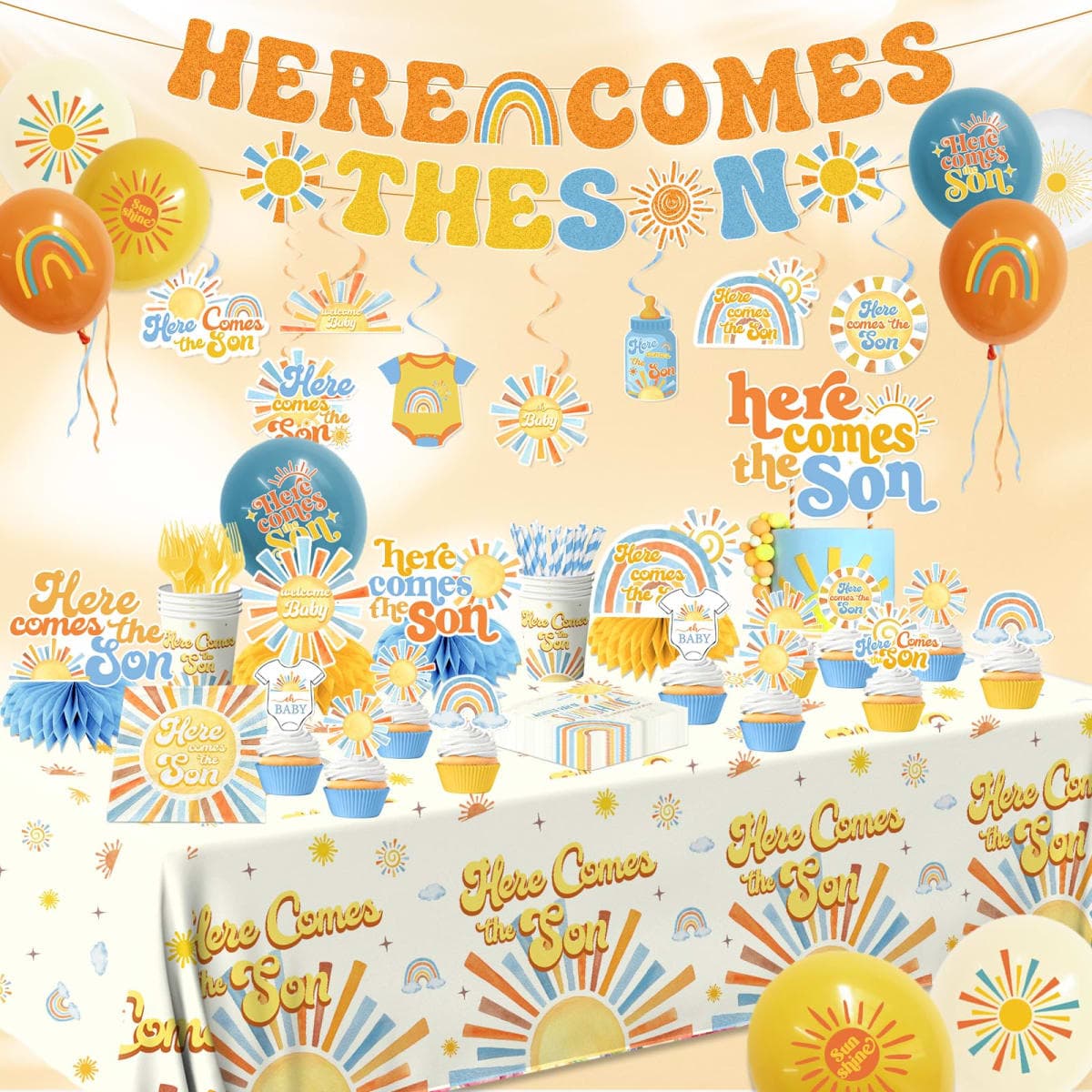 Here Comes The Son Baby Shower Tableware Decor for Boys,Boho Rainbow Sun Themed Party Decorations Disposable Banner,Tablecloth,Plates,Napkin,Balloon,Cupcake Topper,Serve 24 thumbnail 5