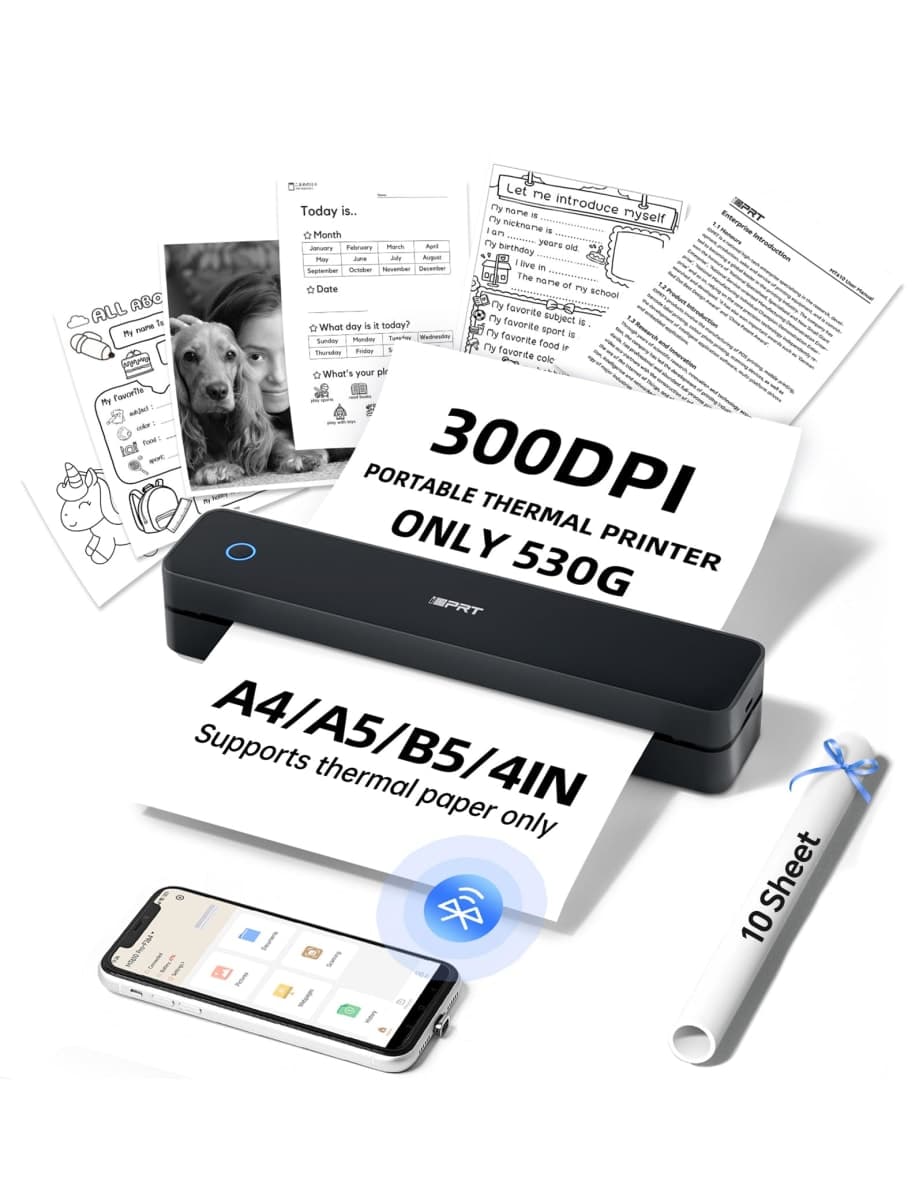 iDPRT Portable Thermal Printer, 300DPI HD Mobile-Travel-Printers, Inkless-Wireless-Small-Printer for Home Use, Office, Vehicles, Bluetooth Printers Supports 8.5" x 11" US Letter&A4&A5 Size, Black