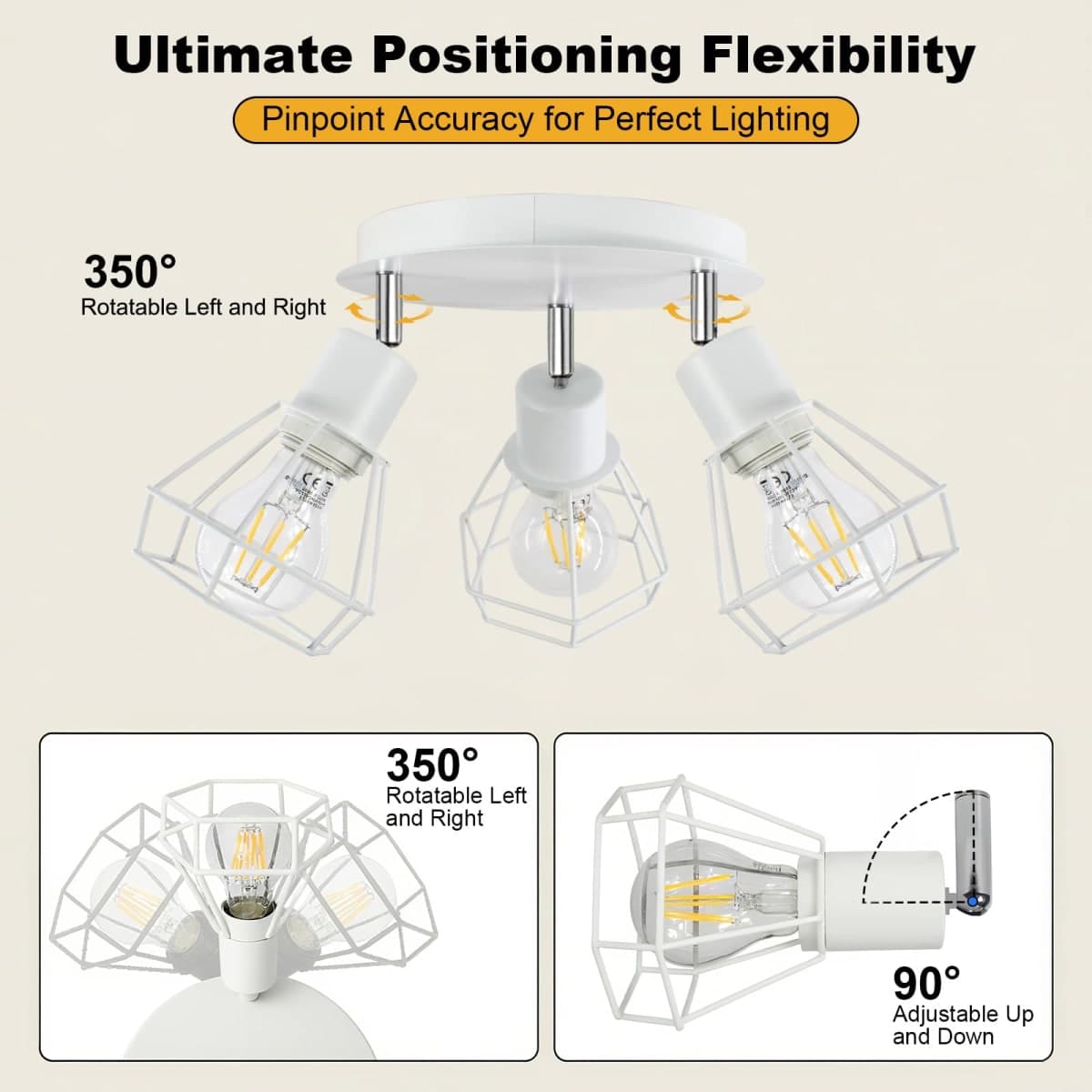 HiBay 3-Light Ceiling Light Fixture, Directional Modern LED Track Lighting White, Metal Cage Farmhouse Spot Light Flush Mount for Kitchen, Bedroom, E26 Base (Bulbs Not Included) thumbnail 2