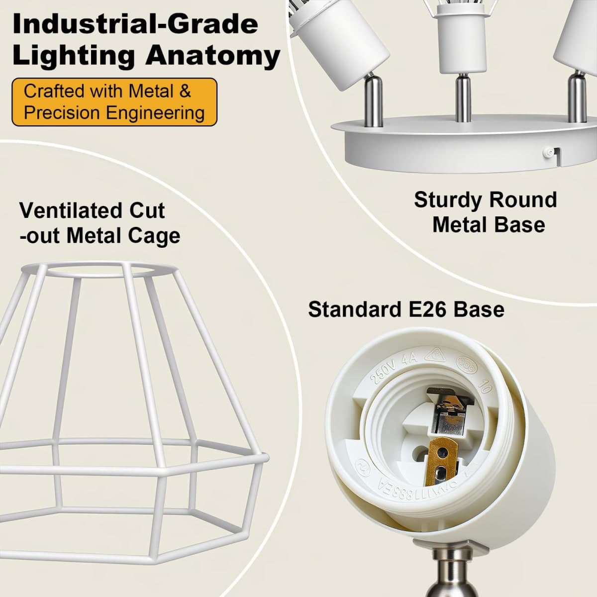 HiBay 3-Light Ceiling Light Fixture, Directional Modern LED Track Lighting White, Metal Cage Farmhouse Spot Light Flush Mount for Kitchen, Bedroom, E26 Base (Bulbs Not Included) thumbnail 3