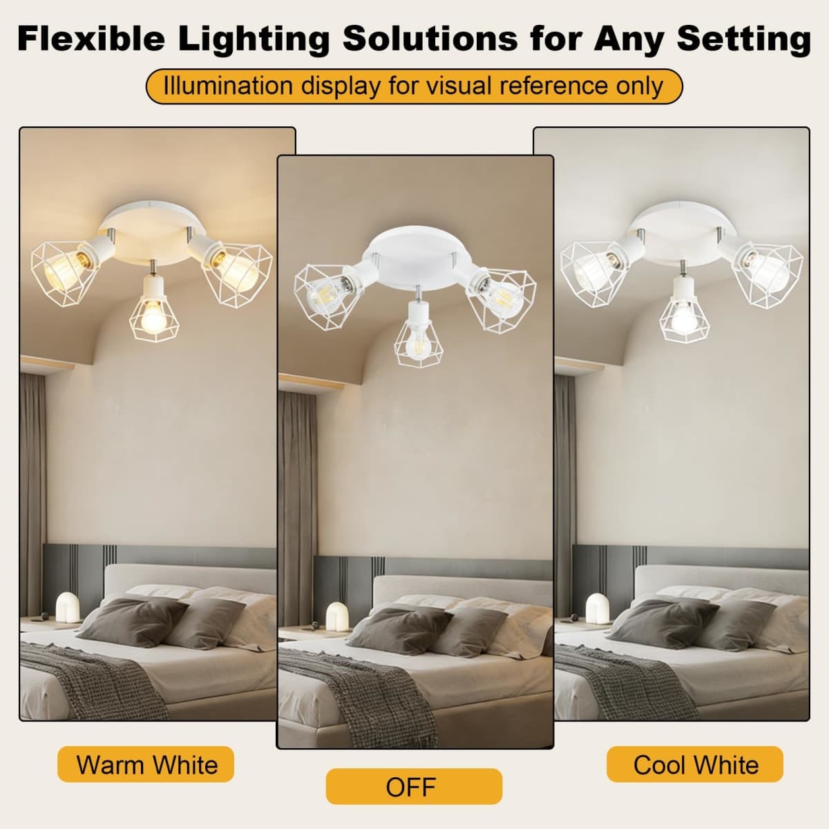 HiBay 3-Light Ceiling Light Fixture, Directional Modern LED Track Lighting White, Metal Cage Farmhouse Spot Light Flush Mount for Kitchen, Bedroom, E26 Base (Bulbs Not Included) thumbnail 4