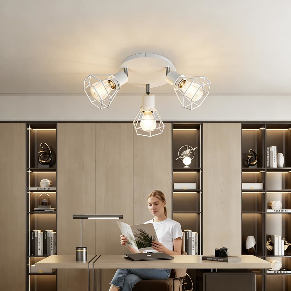 HiBay 3-Light Ceiling Light Fixture, Directional Modern LED Track Lighting White, Metal Cage Farmhouse Spot Light Flush Mount for Kitchen, Bedroom, E26 Base (Bulbs Not Included) thumbnail 5