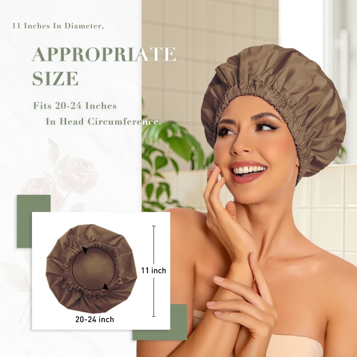 Reusable Shower Cap for Women, Large Waterproof Shower Bonnet with Elastic Band, Washable Bath Hair Cap for Long, Curly Hair, Braids, Daily Shower, Home Spa, Travel(Brown) thumbnail 3