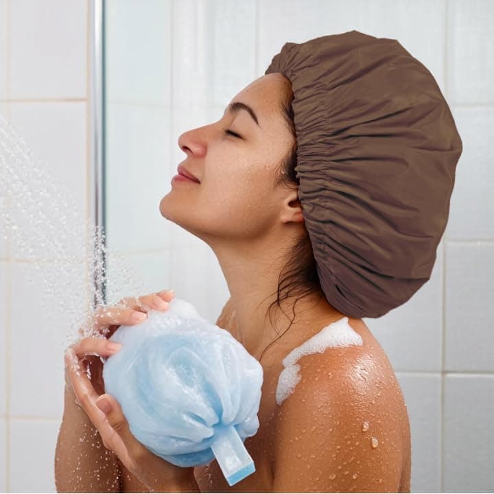 Reusable Shower Cap for Women, Large Waterproof Shower Bonnet with Elastic Band, Washable Bath Hair Cap for Long, Curly Hair, Braids, Daily Shower, Home Spa, Travel(Brown) thumbnail 4