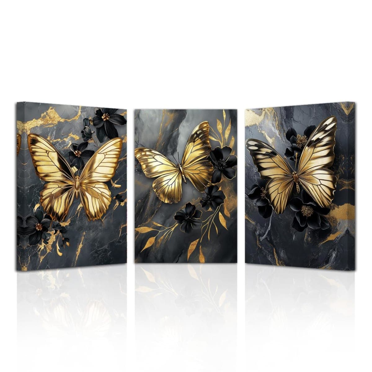 LZIMU Gold Butterfly Wall Art Bedroom Decor Framed 3 Pieces Black and Golden Butterfly Flying Painting Abstract Floral Pictures Prints for Living Room (11x14inchx3 Pieces) — image 1