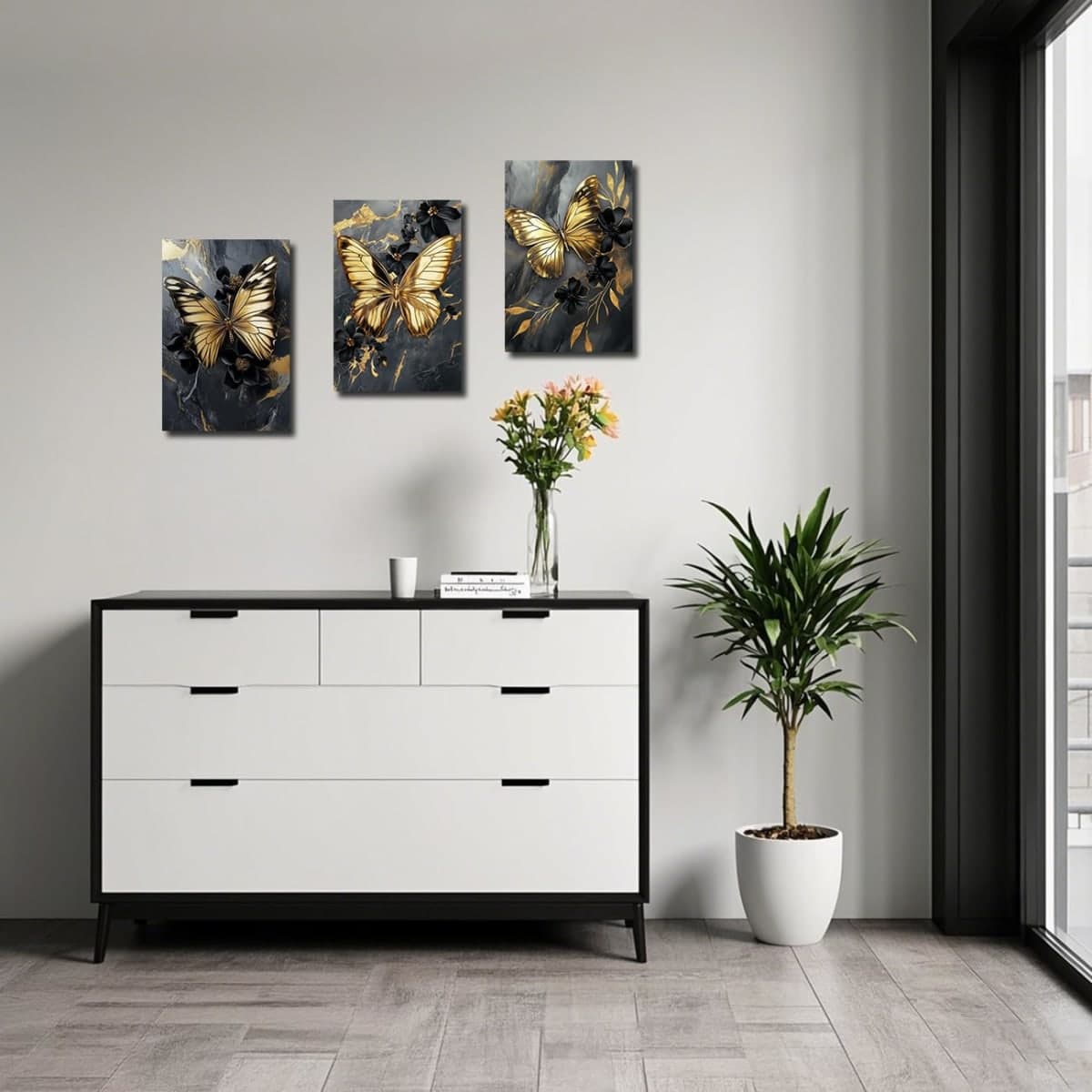 LZIMU Gold Butterfly Wall Art Bedroom Decor Framed 3 Pieces Black and Golden Butterfly Flying Painting Abstract Floral Pictures Prints for Living Room (11x14inchx3 Pieces) thumbnail 3