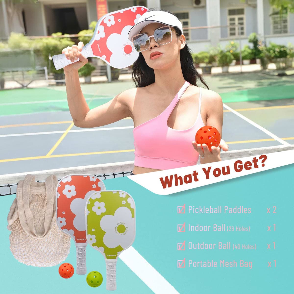 TOPPRO Pickleball Paddles Set of 2, with 2 Lightweight, Durable Fiberglass face and Polypropylene Honeycomb Core of Pickleball Paddle, 2 Balls, 1 Carrying Bag (Flora-02) thumbnail 2