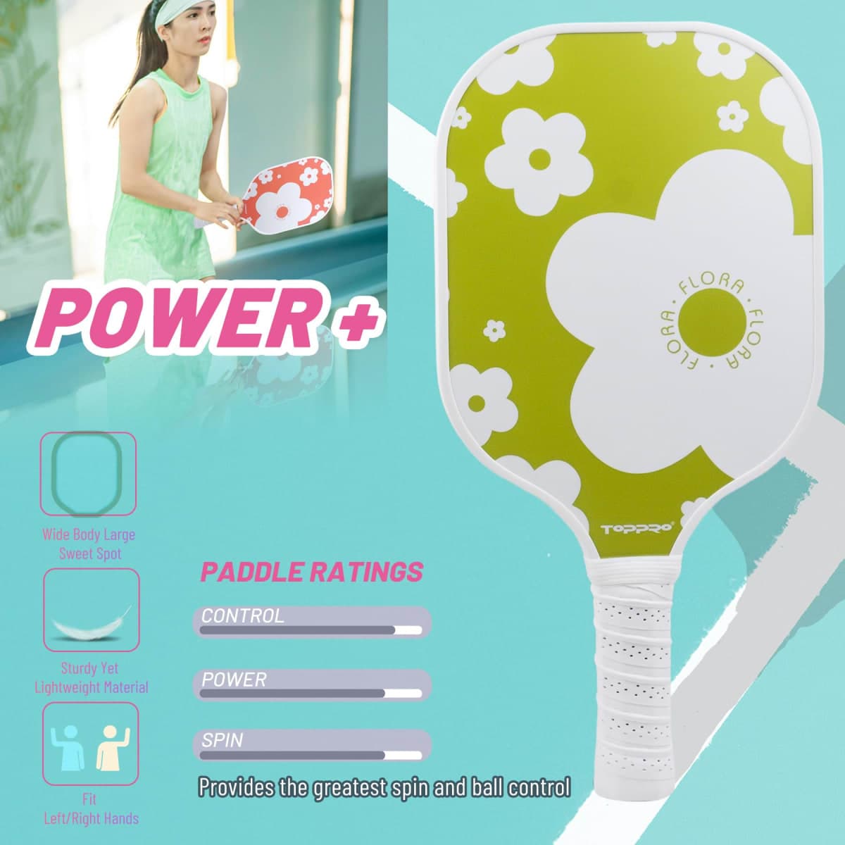 TOPPRO Pickleball Paddles Set of 2, with 2 Lightweight, Durable Fiberglass face and Polypropylene Honeycomb Core of Pickleball Paddle, 2 Balls, 1 Carrying Bag (Flora-02) thumbnail 3