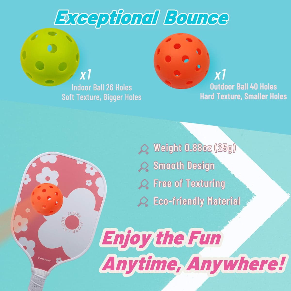 TOPPRO Pickleball Paddles Set of 2, with 2 Lightweight, Durable Fiberglass face and Polypropylene Honeycomb Core of Pickleball Paddle, 2 Balls, 1 Carrying Bag (Flora-02) thumbnail 4