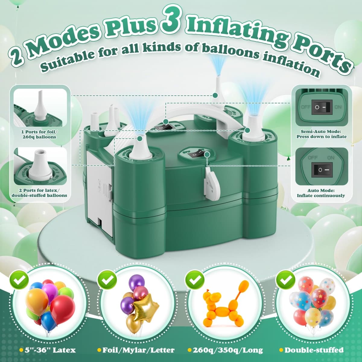 LooLaa 4 in 1 Electric Balloon Pump with Three Inflation Ports for All Balloons Air Filling Machine for Sports Balls Deflator for Inflatable Balls (Drawstring Bag thumbnail 2