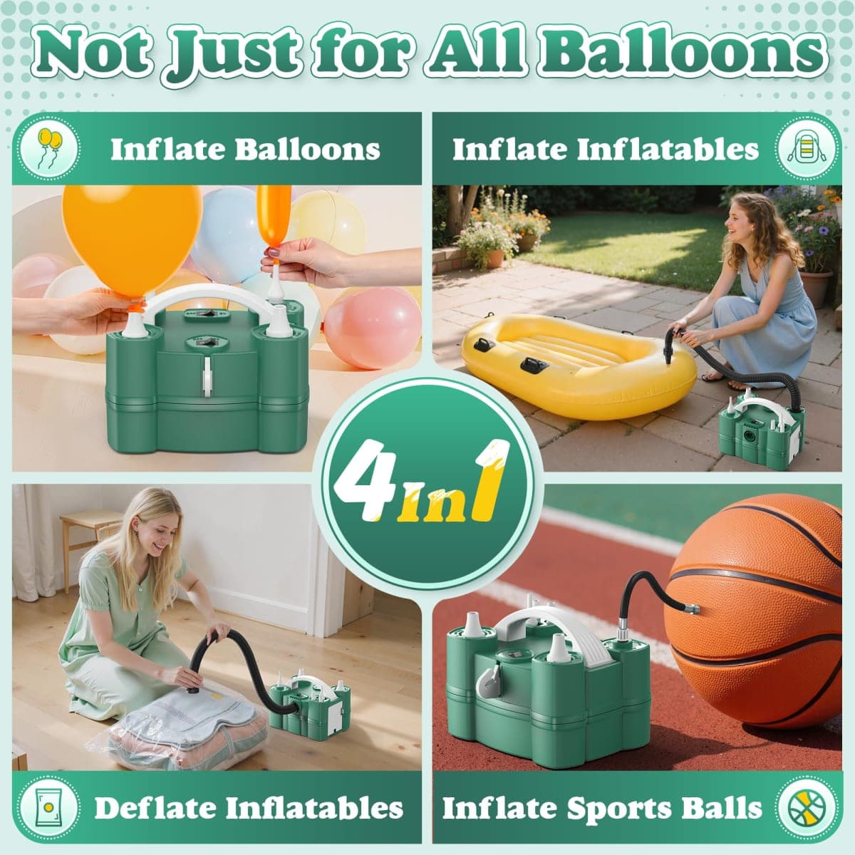 LooLaa 4 in 1 Electric Balloon Pump with Three Inflation Ports for All Balloons Air Filling Machine for Sports Balls Deflator for Inflatable Balls (Drawstring Bag thumbnail 3