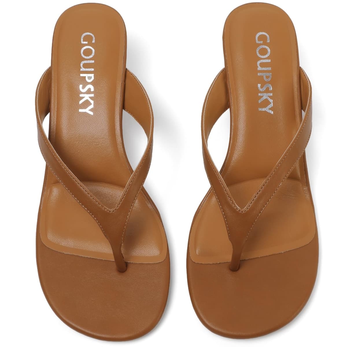 GOUPSKY Kitten Heels for Women Round Open Toe Sandals Flip Flop Heels Summer Low Heeled Thong Sandals, Tan, 9 thumbnail 4