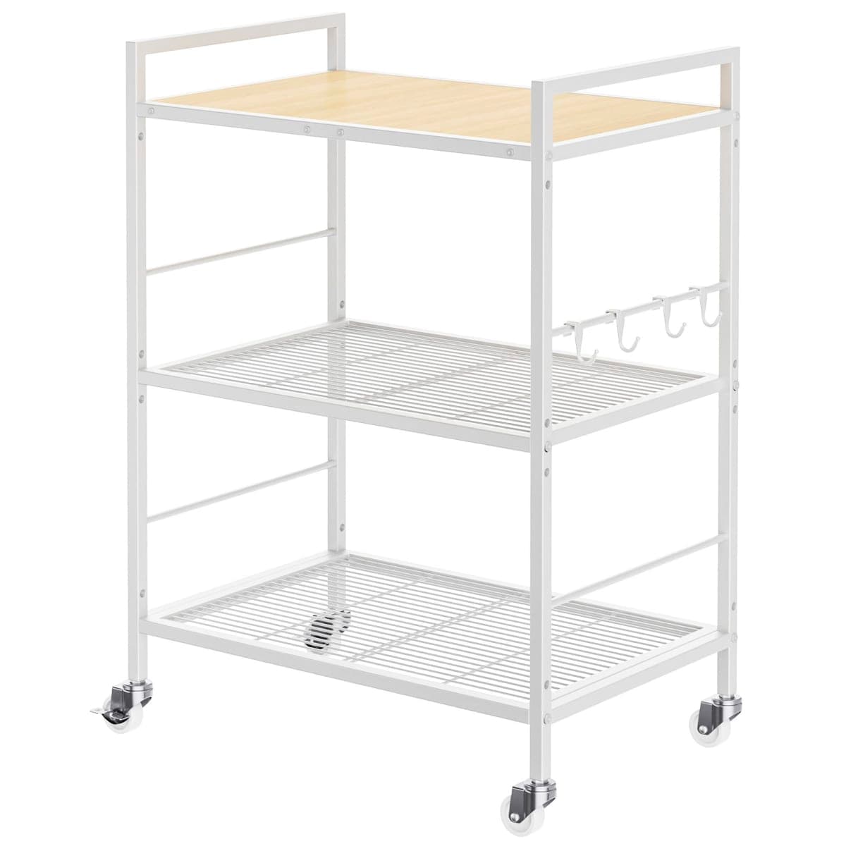 3-Tier Metal Storage Rack with Industrial Wheels,Mesh Shelving Unit with Wooden Table top,Adjustable Shelf,23.6-Inch Width,15.8-Inch Depth, for Kitchen, Laundry,Pantry,Plant,White
