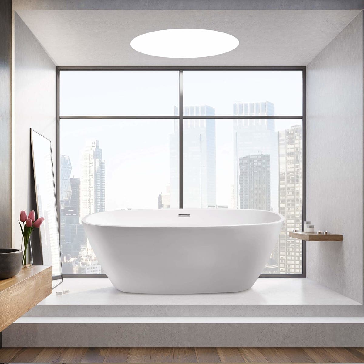 Streamline | Freestanding Soaking 59" N-700-59FSWH-FM Acrylic Bathtub, White | Comes with Internal Drain And Chrome Overflow | Bamboo Tray Included thumbnail 2