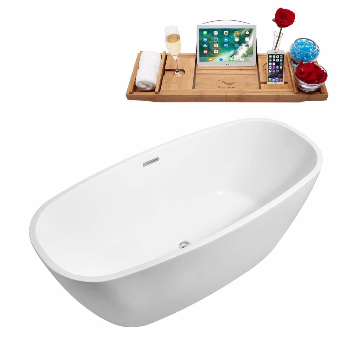 Streamline | Freestanding Soaking 59" N-700-59FSWH-FM Acrylic Bathtub, White | Comes with Internal Drain And Chrome Overflow | Bamboo Tray Included thumbnail 3