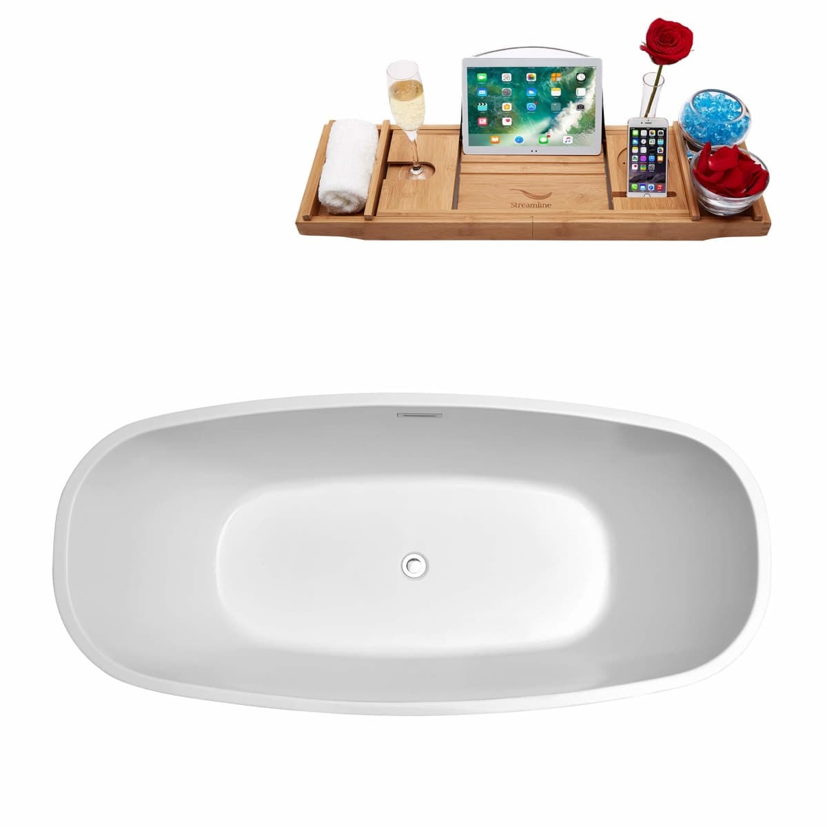 Streamline | Freestanding Soaking 59" N-700-59FSWH-FM Acrylic Bathtub, White | Comes with Internal Drain And Chrome Overflow | Bamboo Tray Included thumbnail 4