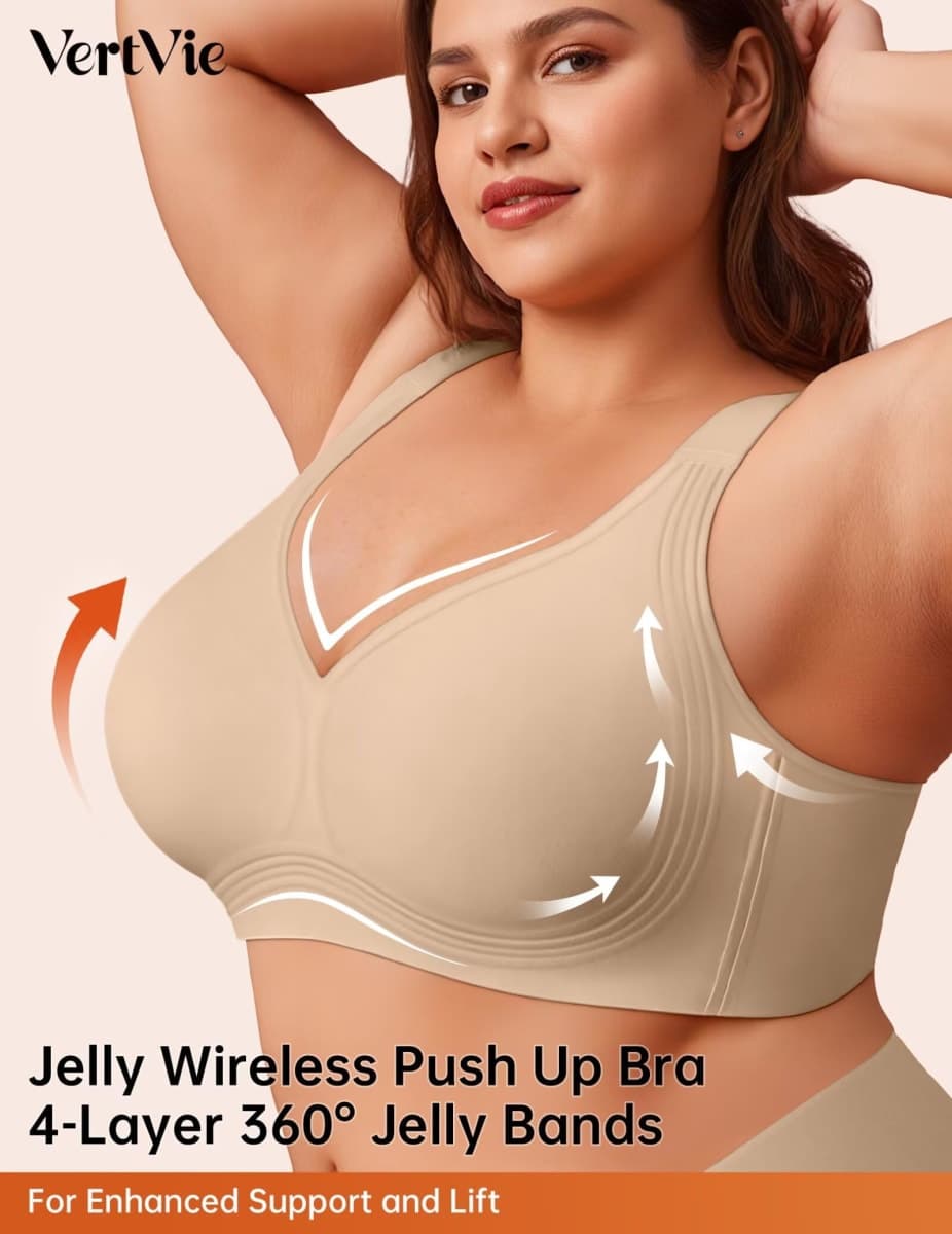Vertvie Jelly Bras for Women Plus Size Minimizer Soft Wireless Push Up Bra Full Supportive Older Lift Back Coverage Bralette(Nude,38DD) thumbnail 2