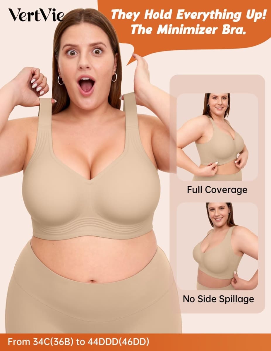 Vertvie Jelly Bras for Women Plus Size Minimizer Soft Wireless Push Up Bra Full Supportive Older Lift Back Coverage Bralette(Nude,38DD) thumbnail 3