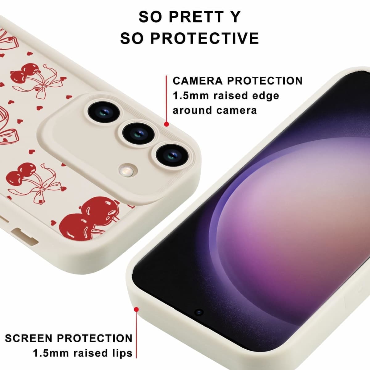 Zrutru 2 Pack Cherry Phone Case for Samsung Galaxy S23 5G 6.1",Cute Aesthetic Cases Kawaii Bow Design Pattern Cover for Girls Women,Beige Soft Anti-Scratch Shockproof Protection Funda for Samsung S23 thumbnail 2