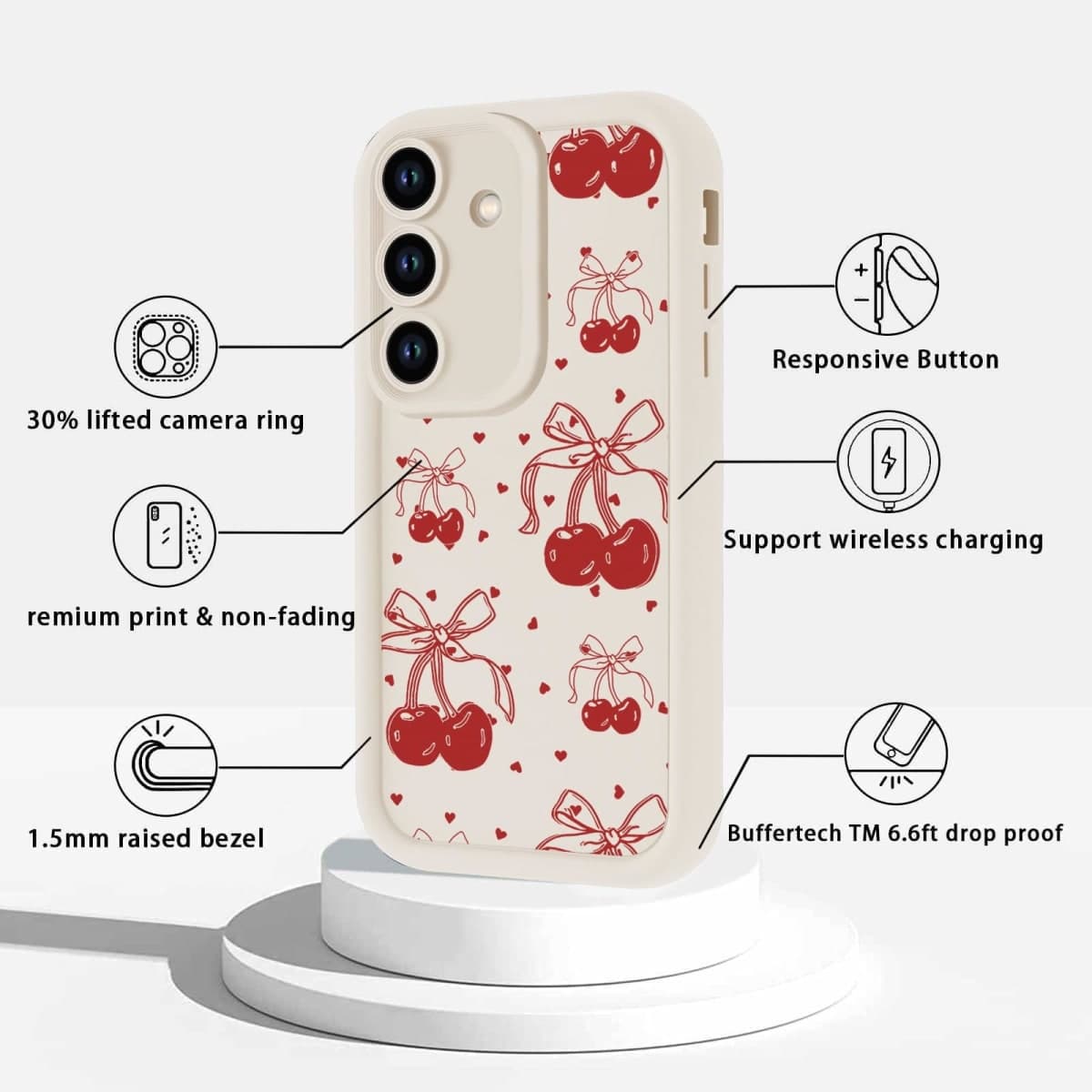 Zrutru 2 Pack Cherry Phone Case for Samsung Galaxy S23 5G 6.1",Cute Aesthetic Cases Kawaii Bow Design Pattern Cover for Girls Women,Beige Soft Anti-Scratch Shockproof Protection Funda for Samsung S23 thumbnail 4