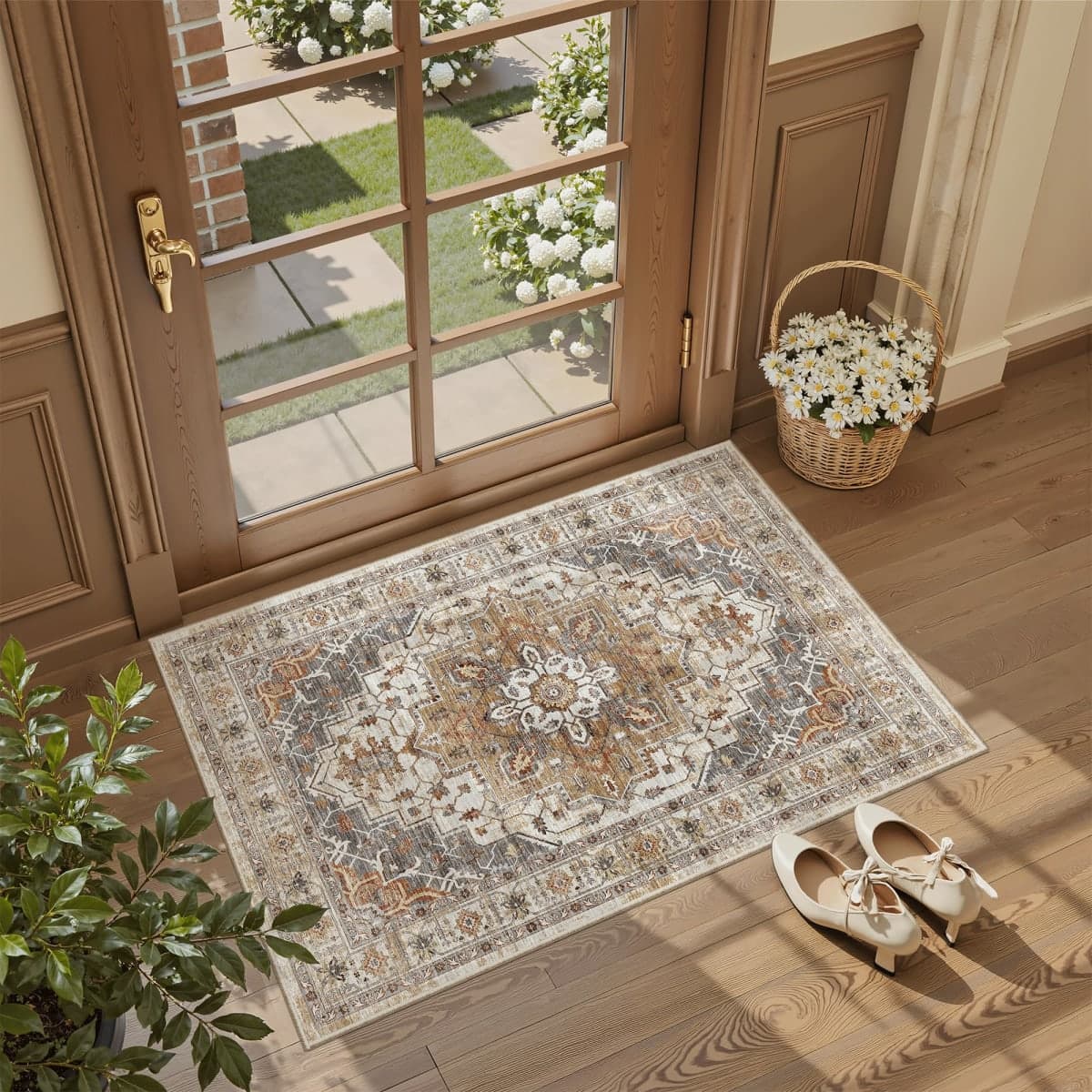 Madane Washable Area Rug 2x3, Small Entryway Rug Non-Slip Vintage Door Mat Indoor Entrance, Low Pile Floor Carpet for Inside Front Door Bedroom Kitchen Entry Laundry (2'x3', Turmeric/Grey) thumbnail 2