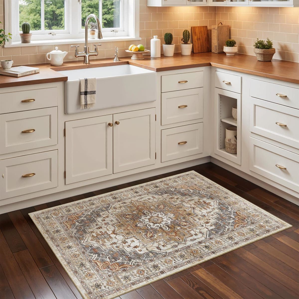 Madane Washable Area Rug 2x3, Small Entryway Rug Non-Slip Vintage Door Mat Indoor Entrance, Low Pile Floor Carpet for Inside Front Door Bedroom Kitchen Entry Laundry (2'x3', Turmeric/Grey) thumbnail 3