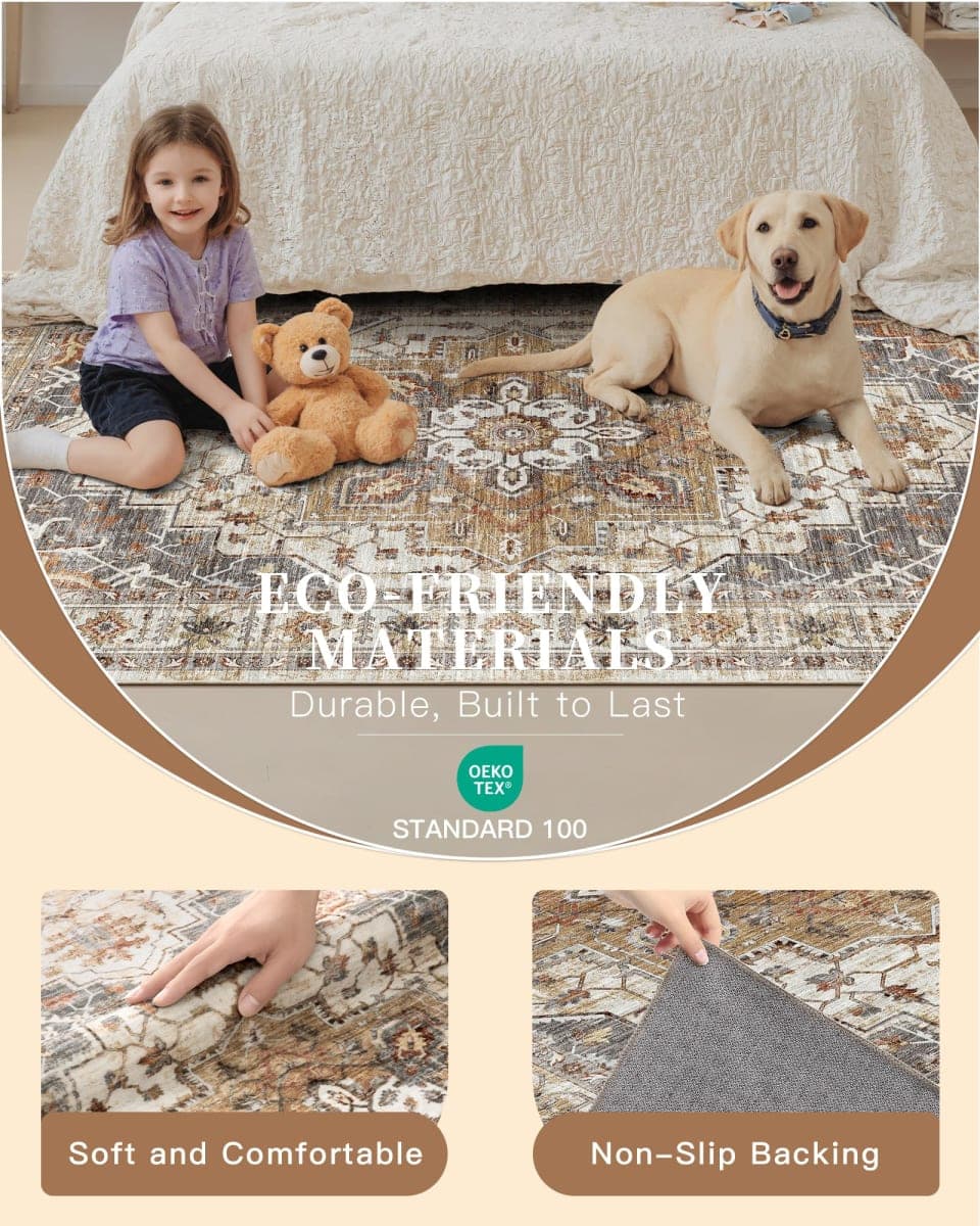 Madane Washable Area Rug 2x3, Small Entryway Rug Non-Slip Vintage Door Mat Indoor Entrance, Low Pile Floor Carpet for Inside Front Door Bedroom Kitchen Entry Laundry (2'x3', Turmeric/Grey) thumbnail 5