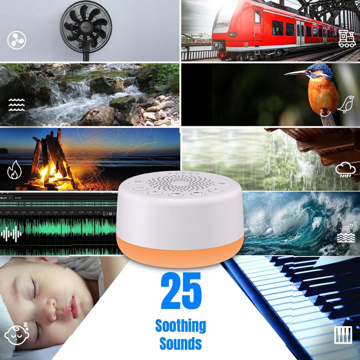 Easysleep Sound White Noise Machine with 25 Soothing Sounds and Night Lights Sound Machines with Memory Function 32 Levels of Volume and 5 Sleep Timer Powered by AC or USB for Sleeping Relaxation (White) thumbnail 2