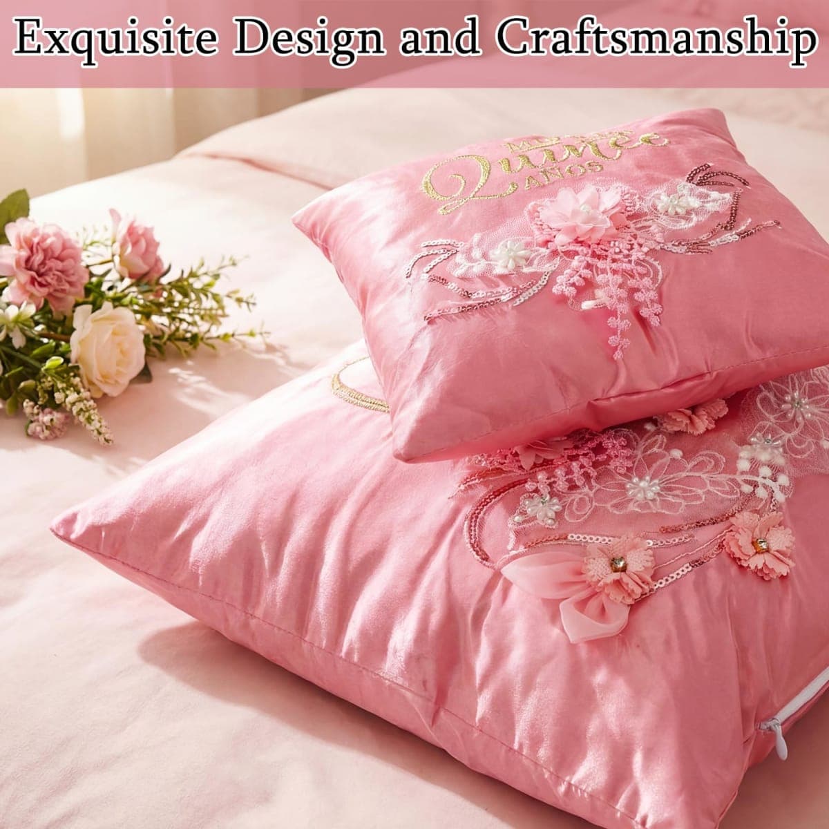Mixweer 2 Pcs Cojines Pink Quinceañera Pillow Set Embroidered Decorative Pillow Cojines para 15 Años De Quinceañera Wedding Decorations Mis Gifts thumbnail 5