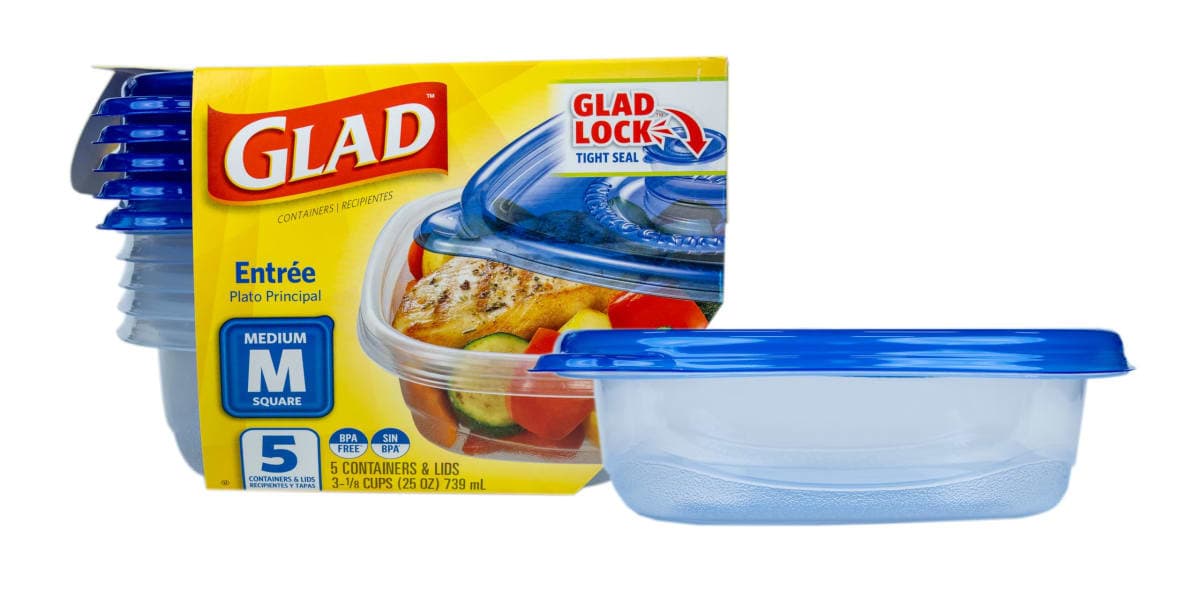 Glad GladWare Entree Food Storage Containers with Lids, Medium Square BPA Free Plastic for Meal Prep and Lunches, Lock Tight Seal, Microwave and Dishwasher Safe, 25 Oz, 5 Count