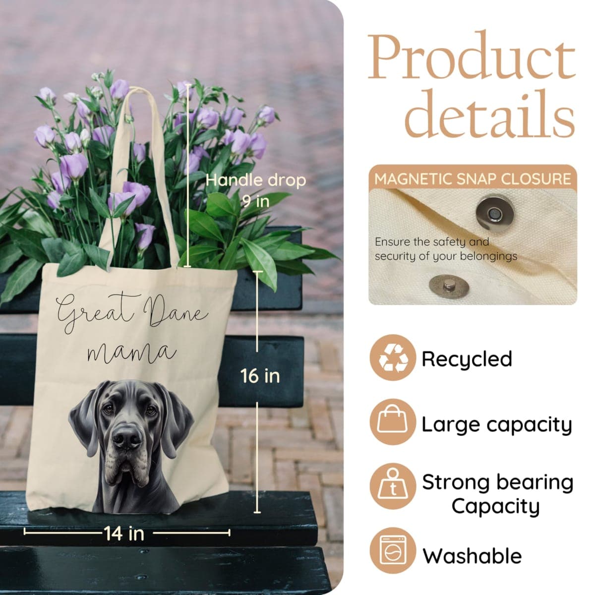 KGHYT Great Dane Mama Canvas Tote Bag for Dog Mom, Reusable Cotton Shoulder Bag, Large Breed Lover Gift.(064) thumbnail 3