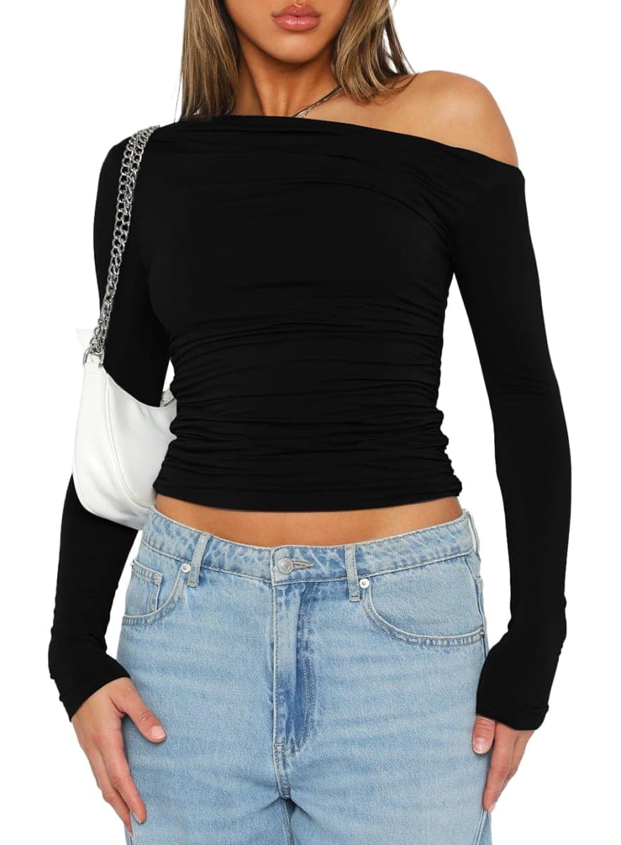 Darong Women's Casual Long Sleeve Boat Neck Off Shoulder Slim Fit Crop Top Going Out Blouses Y2K Tight Shirts, Black, Small — image 1