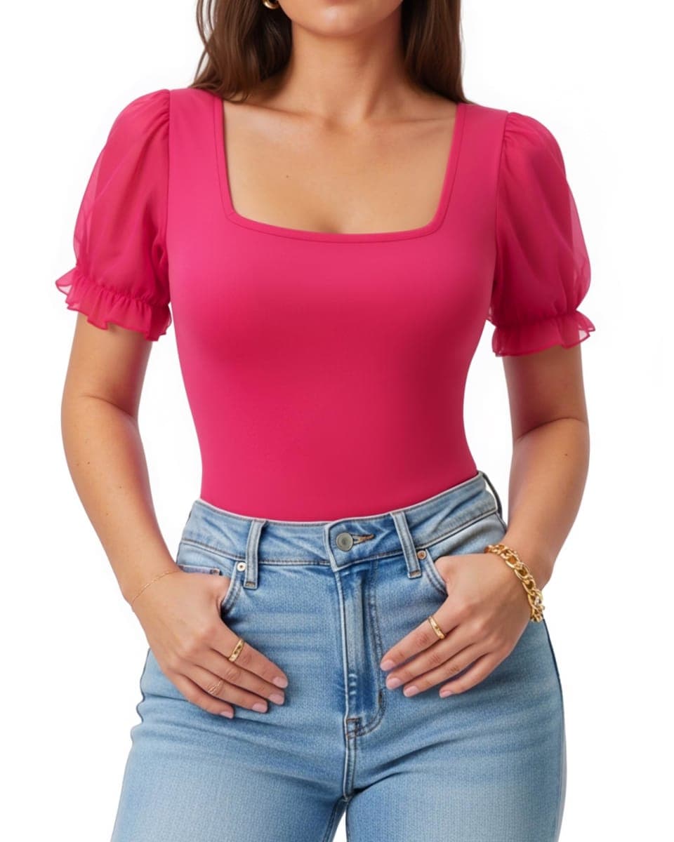 MANGOPOP Women's Bodysuit Sexy Square Neck Sheer Mesh Ruffle Puff Short Sleeve Slim Fit Blouse Body Suits Top Dressy Casual thumbnail 2