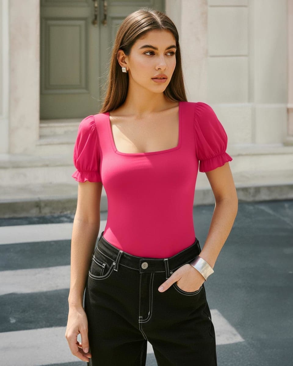 MANGOPOP Women's Bodysuit Sexy Square Neck Sheer Mesh Ruffle Puff Short Sleeve Slim Fit Blouse Body Suits Top Dressy Casual thumbnail 5