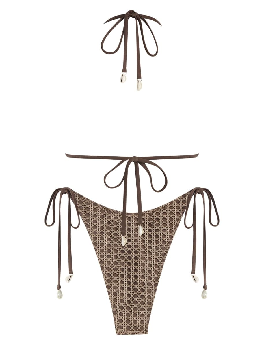 ZAFUL Women's Triangle Bikini Multiway Fishnet Tie Side Bandeau Halter String Bikini Set Two Piece Swimsuit Bathing Suits, 1b-brown, Small thumbnail 3