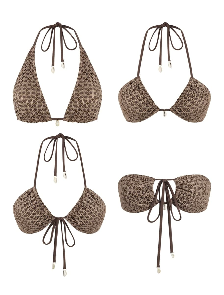 ZAFUL Women's Triangle Bikini Multiway Fishnet Tie Side Bandeau Halter String Bikini Set Two Piece Swimsuit Bathing Suits, 1b-brown, Small thumbnail 4