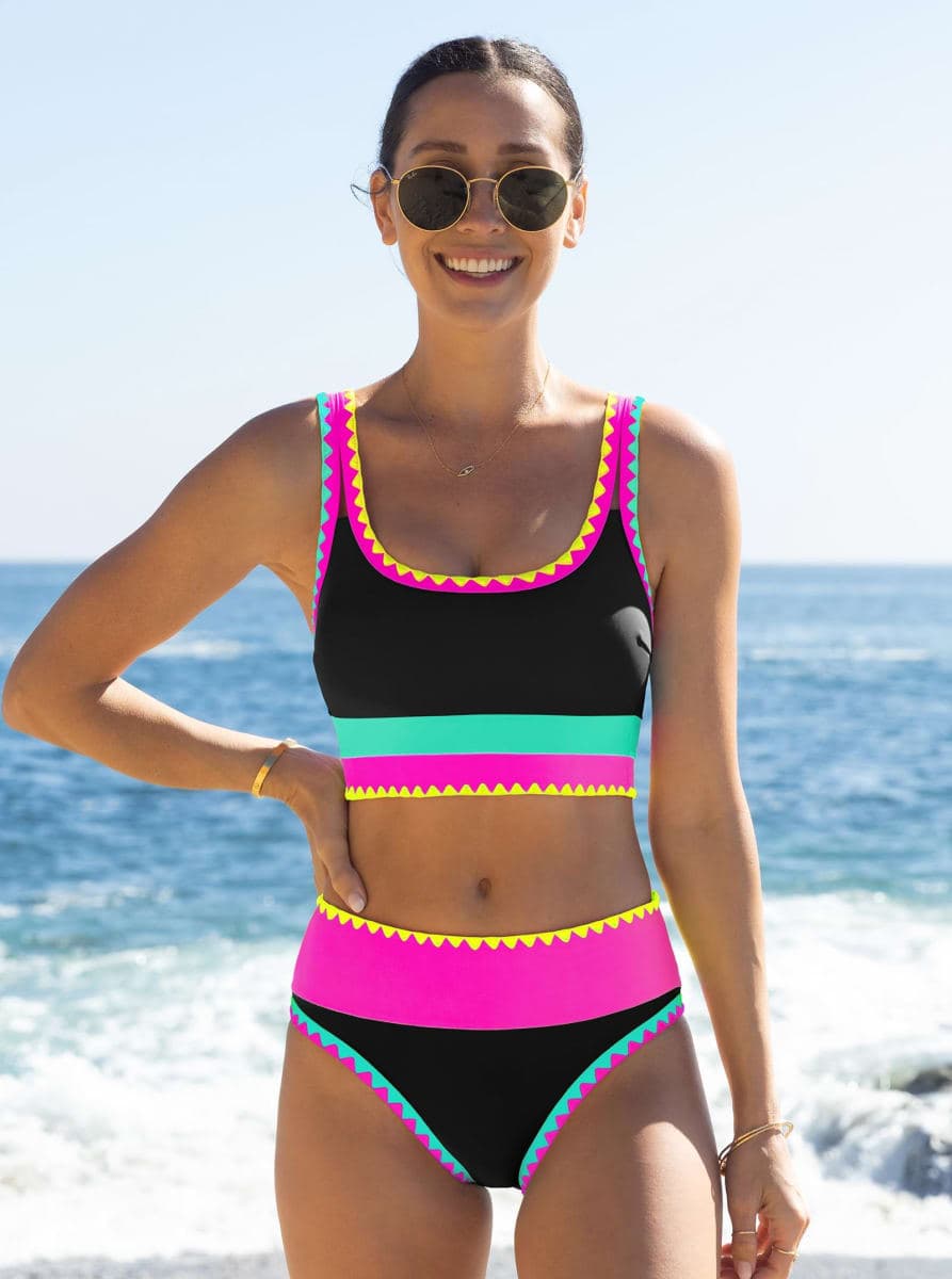 popvil High Waisted Bikini Sets for Women Tummy Control Swimsuits 3 Piece Bathing Suits Neon Swimwear with Skirt 2026, Black, Large thumbnail 3