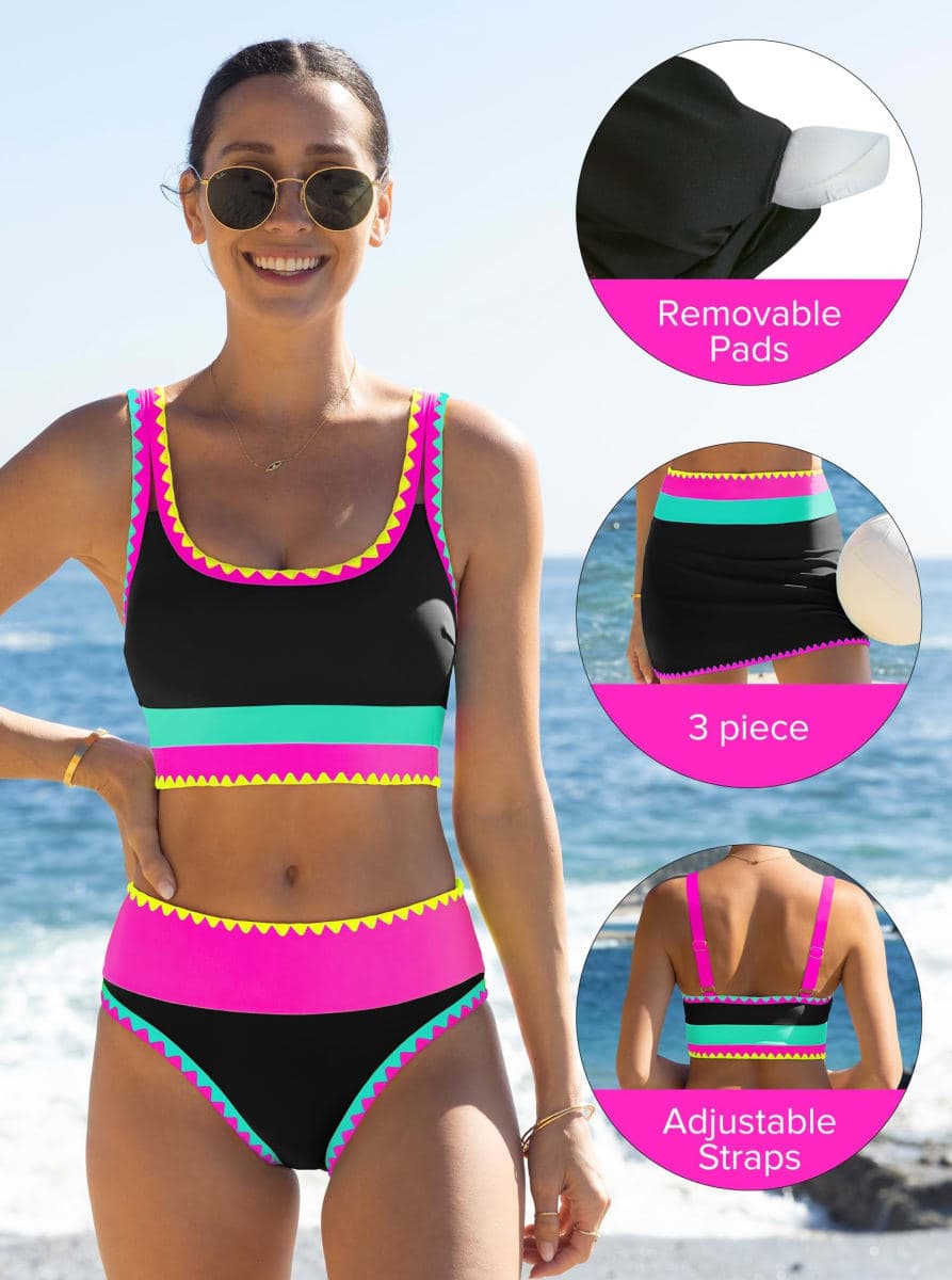 popvil High Waisted Bikini Sets for Women Tummy Control Swimsuits 3 Piece Bathing Suits Neon Swimwear with Skirt 2026, Black, Large thumbnail 4