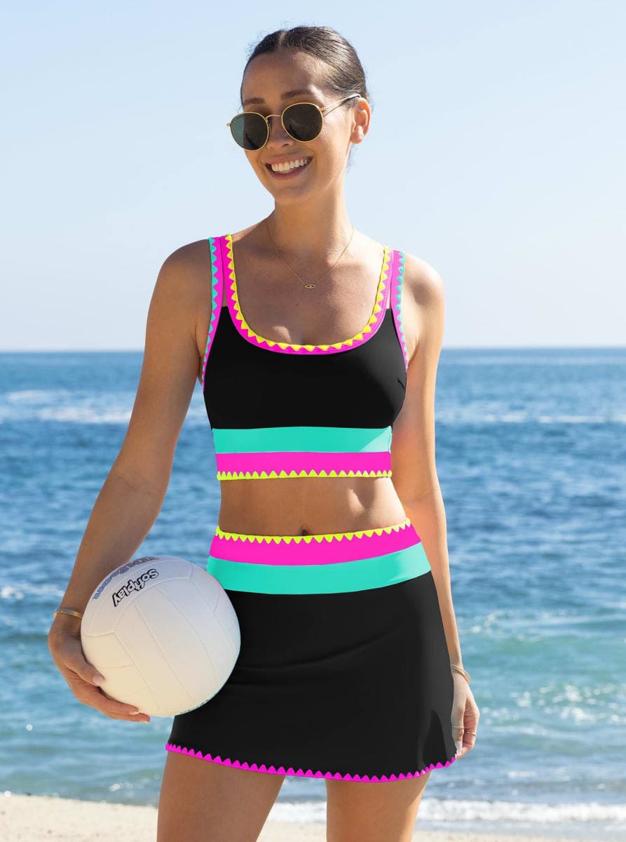 popvil High Waisted Bikini Sets for Women Tummy Control Swimsuits 3 Piece Bathing Suits Neon Swimwear with Skirt 2026, Black, Large thumbnail 5
