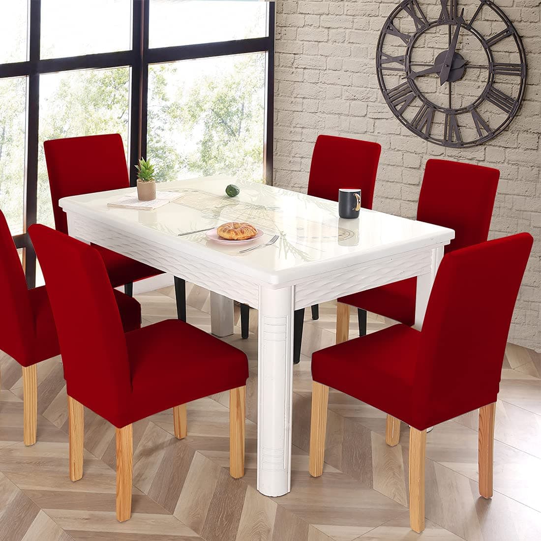 JQinHome 6 Pcs Dining Chair Slipcover,High Stretch Removable Washable Chair Seat Protector Cover for Home Party Hotel Wedding Ceremony (Red) thumbnail 2