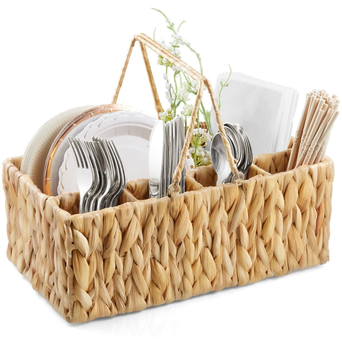 YCXNBHH Silverware Holder for Party, Utensil Caddy, Picnic Caddy for Plates and Utensils, Hosting Essentials Utensil Organizer, Water Hyacinth Woven Cutlery Silverware Basket — image 1
