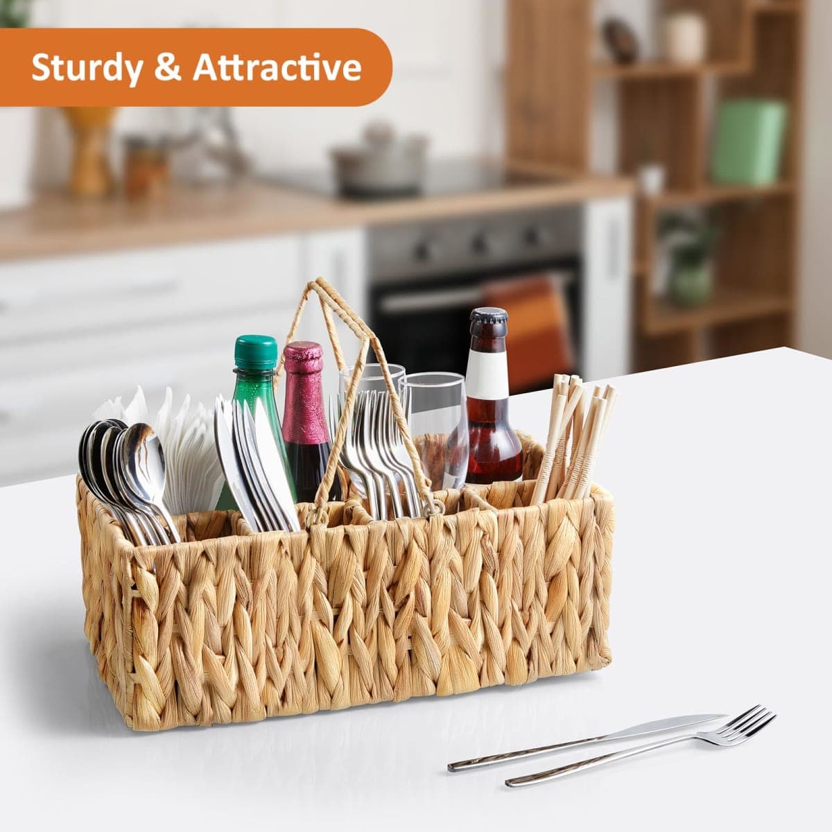 YCXNBHH Silverware Holder for Party, Utensil Caddy, Picnic Caddy for Plates and Utensils, Hosting Essentials Utensil Organizer, Water Hyacinth Woven Cutlery Silverware Basket thumbnail 2