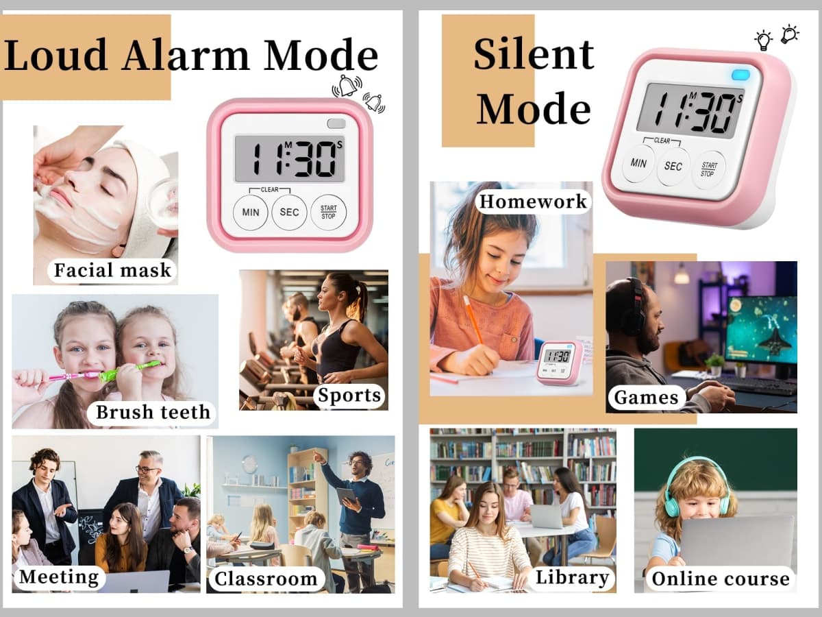 2 Pack Timers for Kids Teachers with Large Numbers and Loud Alarms Kitchen Timers for Cooking, Pink thumbnail 2