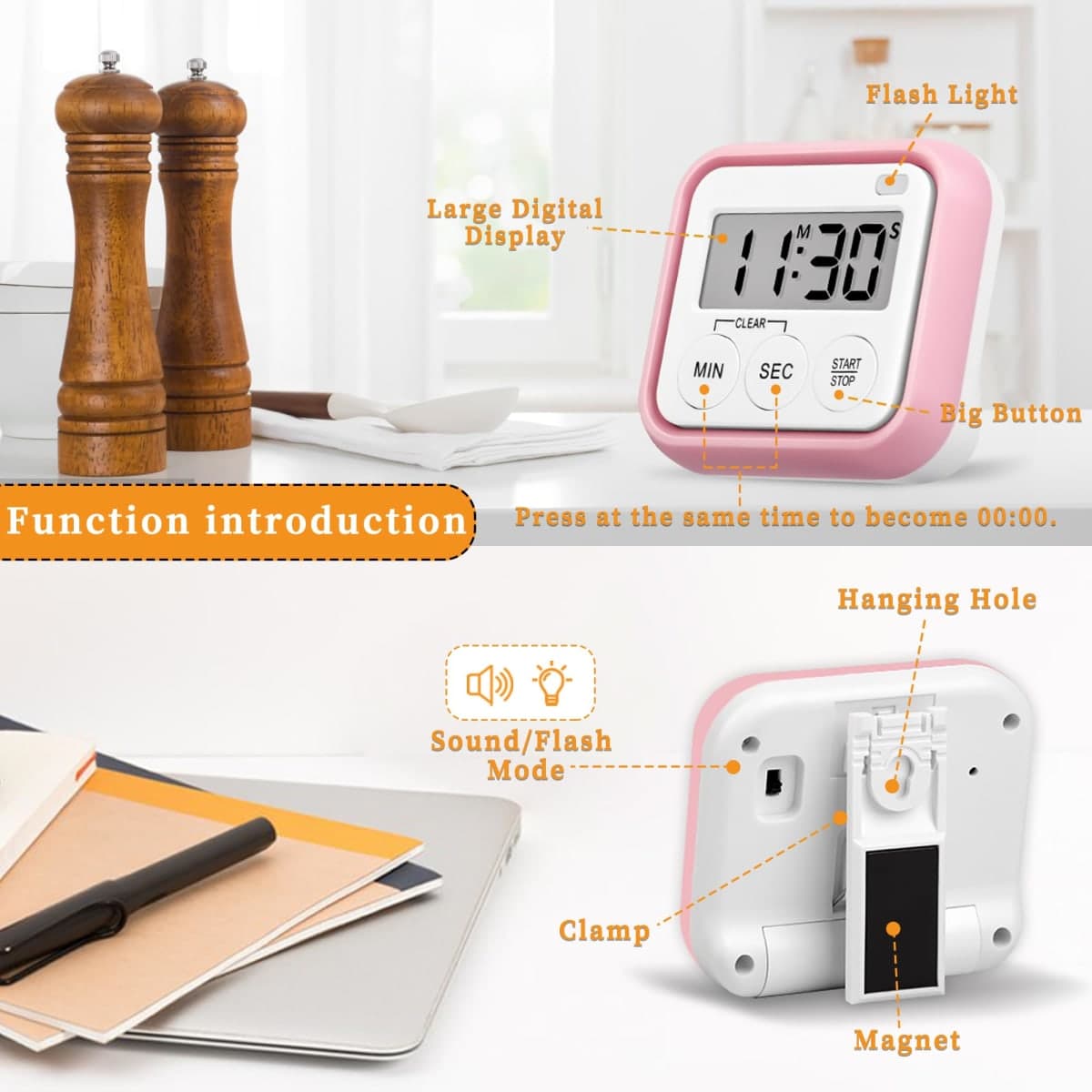 2 Pack Timers for Kids Teachers with Large Numbers and Loud Alarms Kitchen Timers for Cooking, Pink thumbnail 4