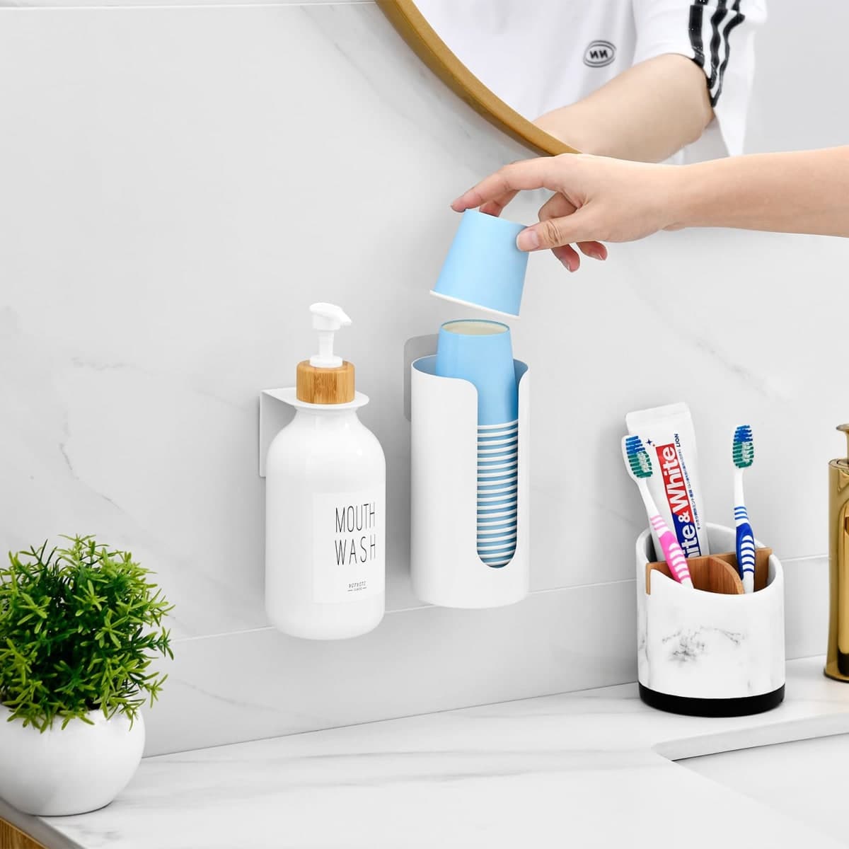 VITVITI Mouthwash Dispenser for Bathroom, Mouth Wash Dispenser Wall Mounted with Cup Holder, 17OZ Refillable Mouthwash Pump Container, Plastic/Bamboo/Metal, White thumbnail 2