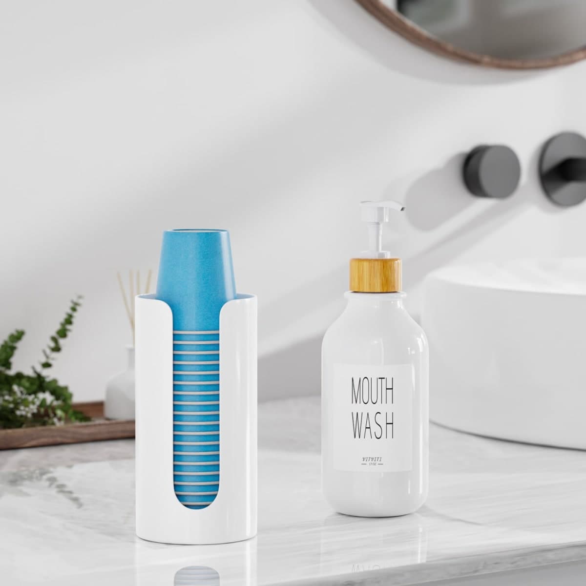 VITVITI Mouthwash Dispenser for Bathroom, Mouth Wash Dispenser Wall Mounted with Cup Holder, 17OZ Refillable Mouthwash Pump Container, Plastic/Bamboo/Metal, White thumbnail 3