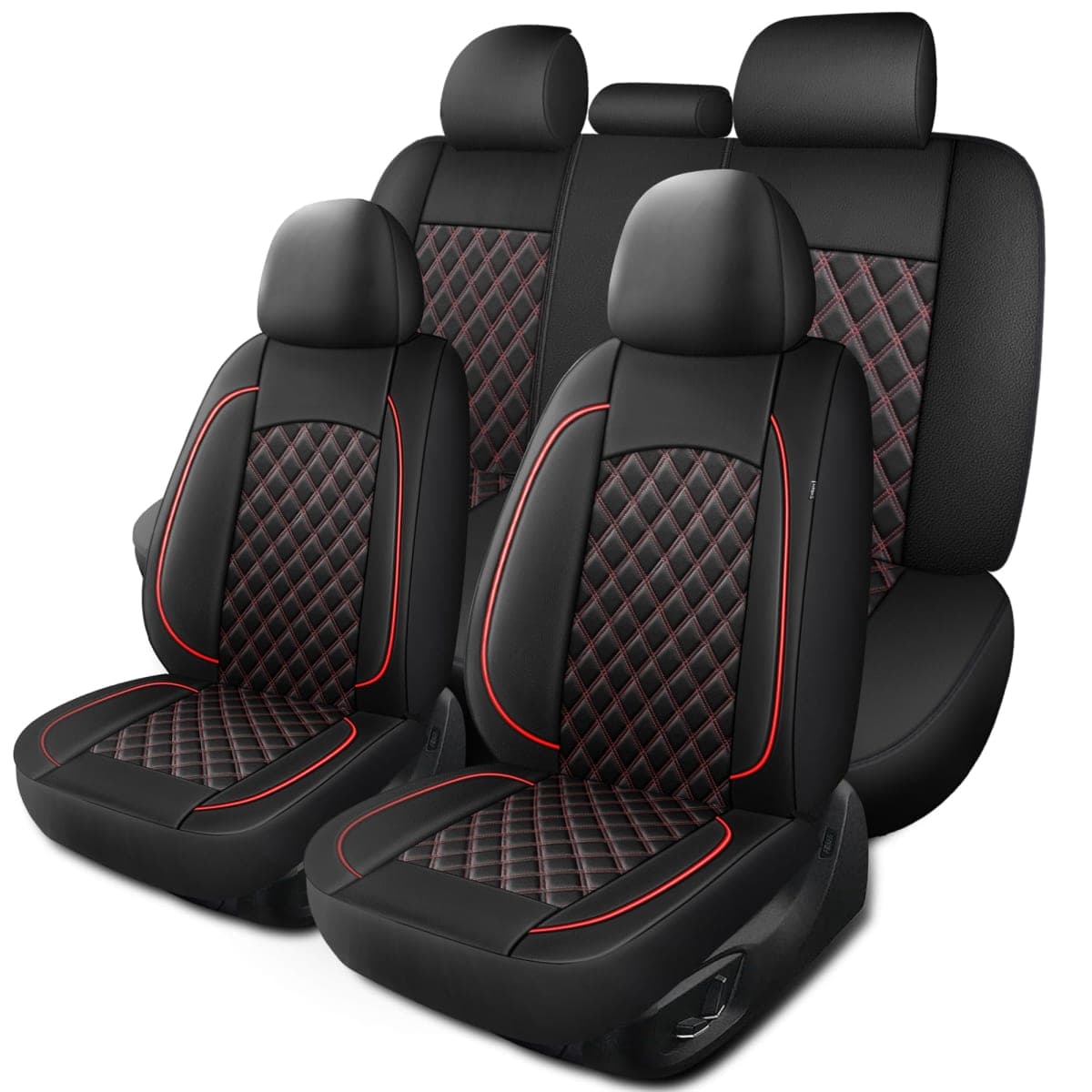 HChengkikz Car Seat Covers Full Set,Breathable and Waterproof Napa Leather Car Seat Cover,Interior Universal Fit for Cars,Sedans,SUVs,Vans,Trucks(Full Seat,Black+Red,N3) — image 1